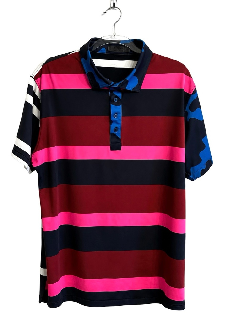 G/FORE Striped Polo in Burgundy, Black & Hot Pink with Blue Camo Accent